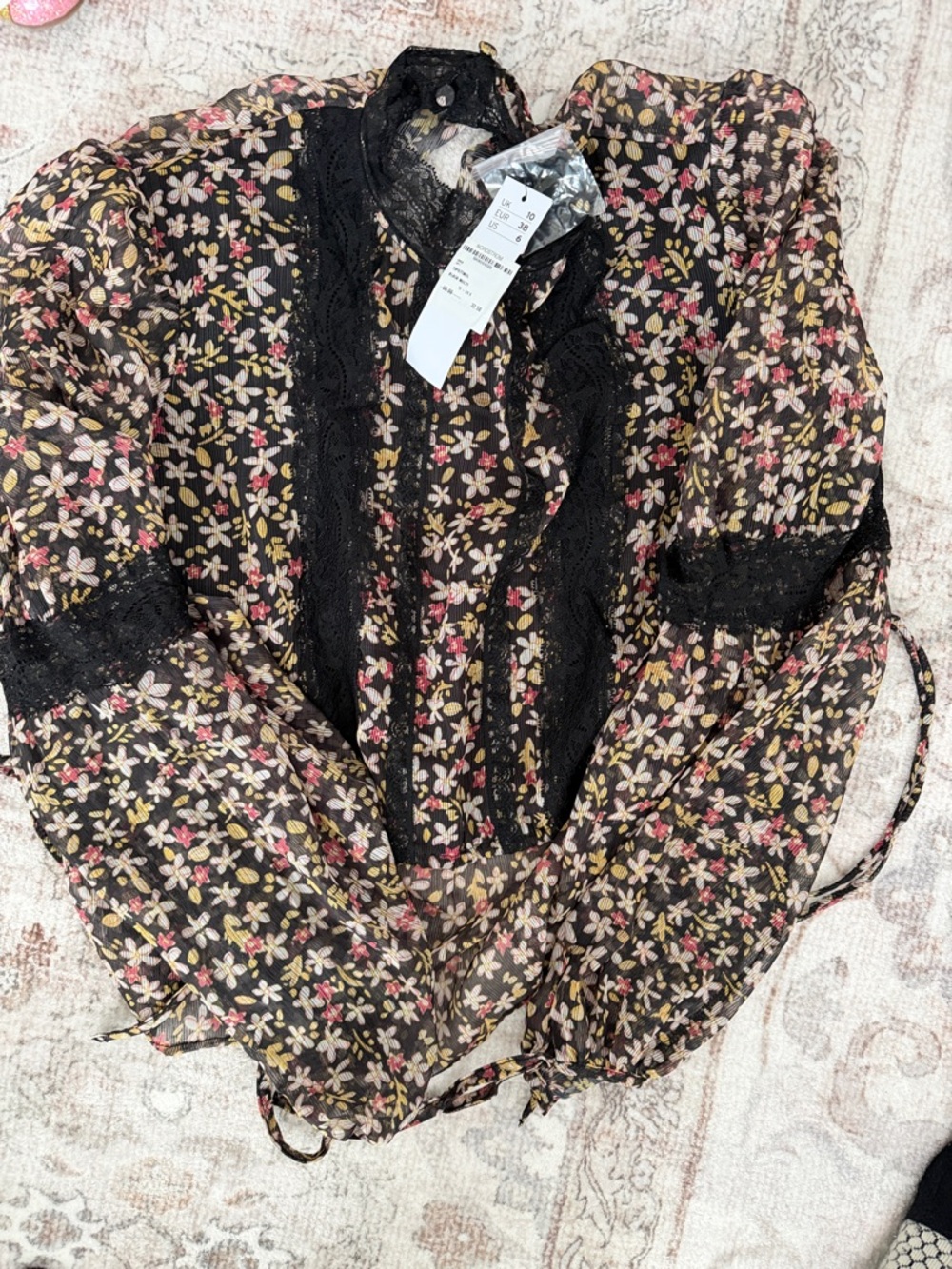Topshop Floral Sheer Blouse with Lace Trim - Black Base